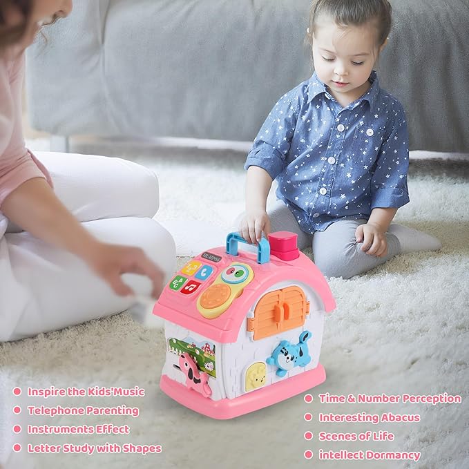1 2 Year Old Girls Montessori Musical Learning House Toys,First Birthday Gifts for Baby Girls,Pink Bilingual Educational Toy for Toddlers Age 1-3