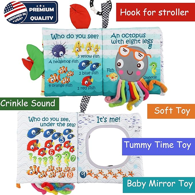 Fish Baby Books Toys,Touch and Feel Crinkle Cloth Books for Babies,Infant, Baby Toys 0-6-12 18 Months, Learning Education Soft Sensory Mirror Toy,Shower Gifts Christmas for Baby Boys Girls-Teether
