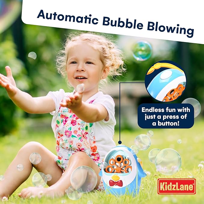 Kidzlane Penguin Bubble Machine for Kids - Made of Durable Plastic - Blows 500 Bubbles Per Minute, Quiet Low Sound Motor - No-Spill Bubble Maker for Kids - 3 Years Up