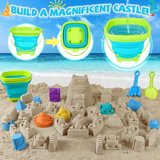 Beach Toys, Farm Playset, Sand Toys with Collapsible Beach Bucket, Take Apart Tractor, Sand Castle Building Kit, Farm Animals, Beach Shovel, Mesh Bag, Indoor Outdoor Toys for Kids Ages 4-8