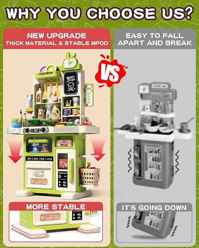 33.8IN Kids Kitchen Playset, 63PCS Kid Play Kitchen with Realistic Lights & Sounds, Spray Sink Toy Kitchen Accessories, Pretend Food Toys Kitchen for Boys Girls Toddlers(Green)