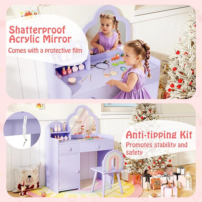 HONEY JOY Kids Vanity, Cloud Shape Wooden Girls Vanity Set with Mirror and Stool, Drawers, Storage Cabinet, Toddler Makeup Desk Dressing Table, Pretend Play Kids Vanity Table and Chair Set (Purple)