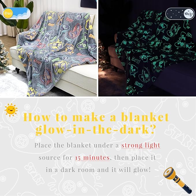 Gamer Gifts for Teen Boys Glow in The Dark Blanket for Boys 7 8 9 10 11 12 13 14 15 16 17 18 Year Old Gaming Accessories Gamer Presents for Kids Birthday