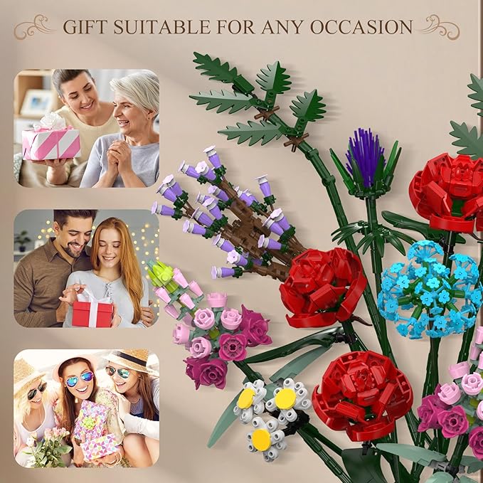 1000 Pcs Flower Bouquet Building Kit,Artificial Flower Bouquet Kit for Adults, Botanical Collection Home Decor, for Women and Girls,Anniversaries and Christmas Ideal Gift