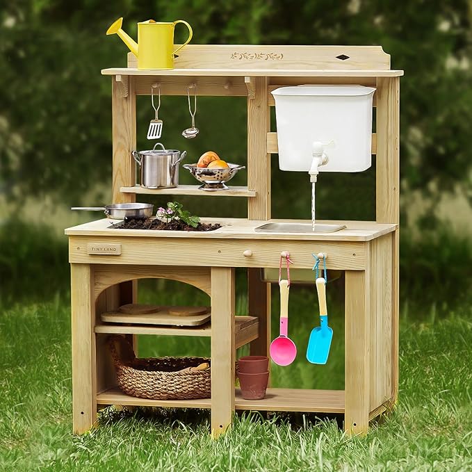 Tiny Land Outdoor Mud Kitchen for Kids, Wooden Play Kitchen with Water Tank, Water & Cooking Play, Sensory Fun, Weather-Resistant with Storage, Ideal for Toddlers Ages 3+