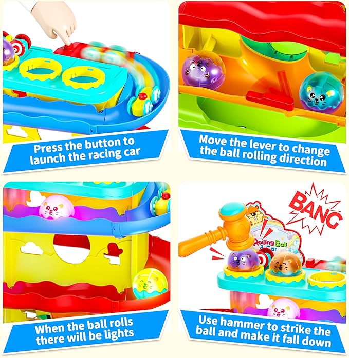 Funwee 2-in-1 Ball & Racing Car Ramp Toy for Toddlers, Race Track Hammer Rolling Lights Ball Drop, Interactive Montessori Learning Game Birthday Gift Idea for Kids 2 3 4 5+Year Old Girl Boy(Yellow)
