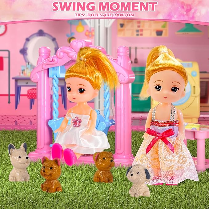 Dollhouses, Housetoys Furniture Pink Girl Toys, 4 Stories 10 Rooms Dreamhome with 2 Princesses Slide Accessories, Toddler Playhouse Gift for for 3 4 5 6 7 8 9 10 Year Old Girls Toys