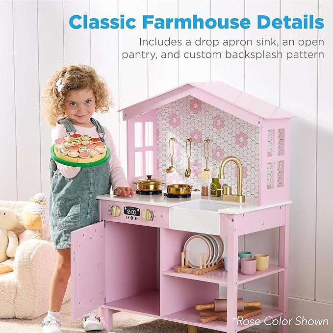 Best Choice Products Pretend Play Wooden Farmhouse Kitchen Set for Kids w/Toy Storage, Clicking Knobs, Windows, 5 Accessories Included - Beveled White