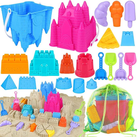 Beach Toys Sand Toys for Kids, Sand Castle Toys for Beach with 2 Castle Bucket and Mesh Bag, Sand Molds, Shovels and Rakes, Sandbox Toys for Toddlers, Travel Beach Toys for Kids 3-10