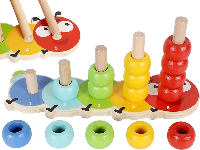 TOWO Wooden Stacking Rings Baby –Lovely Caterpillar Counting Game - Colour Sorting Puzzle - 5 Pegs Ring Stacker - Counting Rings Early Learning Wooden Toys for 1 Year Old Gift First Birthday Boy Girl