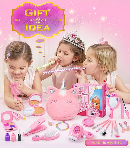 Kids Makeup Kit for Girl, Princess Toys Pretend Play Makeup Girls Toys, Kids Makeup Sets for Girls Beauty Salon Set Hair Accessories with Mirror, Hairdryer, Princess Cape Crown Handbag,Birthday Gifts