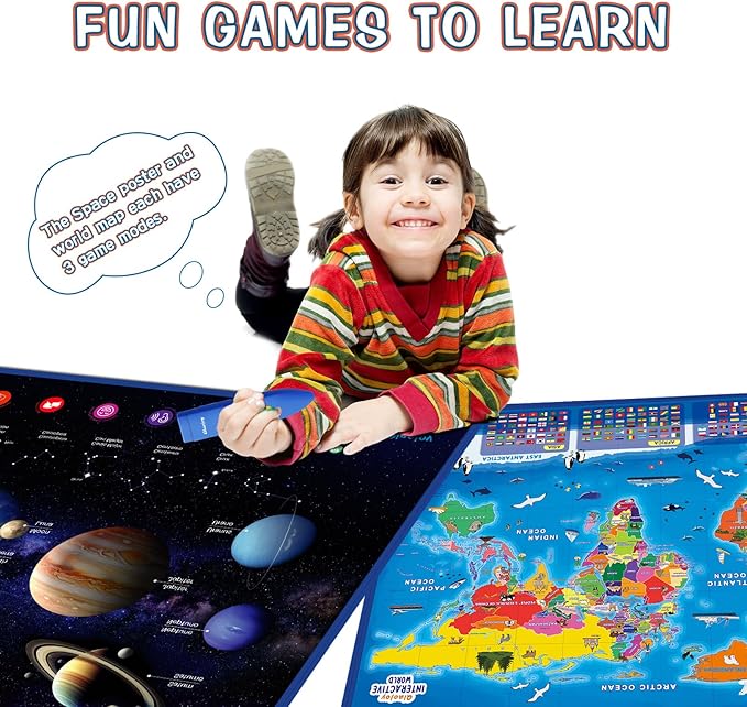Bilingual Interactive World Map for Kids Learning and Educational Toys, Talking Electronic Kids World Map i-Poster Geography Games Ages 3 to 12 Years Old, Custom Talking Birthday Gifts Card