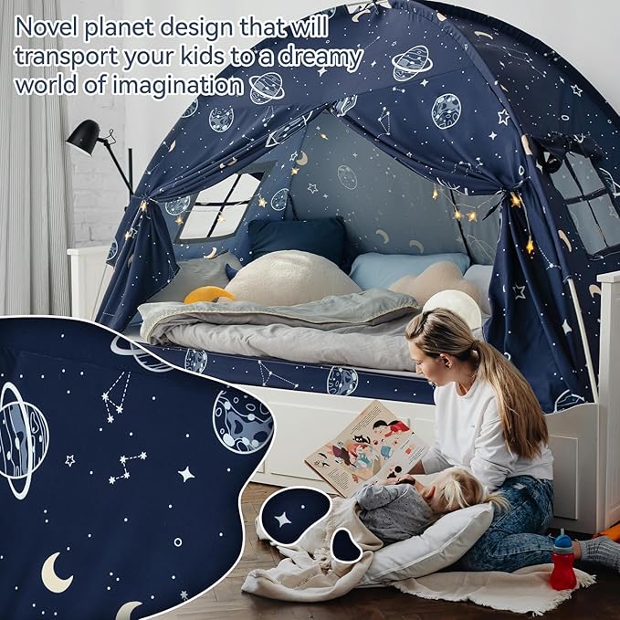 Bed Tent Twin, Space Play Canopy for Kids Toddler Boys, Bunk Canopy Tent for Toddler Bed, Galaxy Dome Playhouse Floor Portable Sleeping Tents Indoor for Girls Birthday, Christmas Toy House Gift