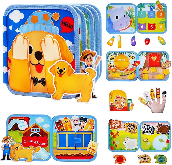 Toddler Busy Book for 1-3, Busy Board for 1+ Year Old, Toddler Airplane Travel Toys, Girl & Boy Gift, Educational Learning Activity Books, Felt Montessori Toys (Dog Theme)