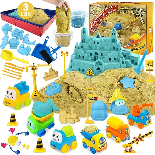ESSENSON Play Construction Sand Kit - 3lbs Sand with 2 Colors, 6 Mini Construction Trucks, Construction Toys and Signs, Animal Mold, Modeling Tools, Foldable Sandbox, Gifts for Boys Girls