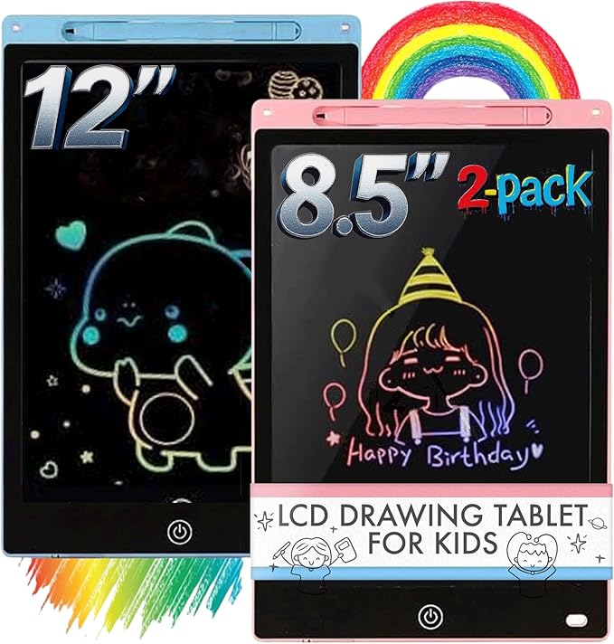 2-Pack LCD Writing Tablets for Kids – 12″ Large & 8.5″ Portable Colorful Doodle Boards – Eye-Safe LCD Screen, Ultra-Thin, Reusable Drawing & Learning Toys for Girls Boys Teenagers