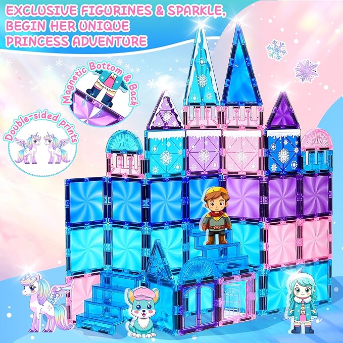 Princess Castle Magnetic Tiles 112PCS with 4 Dolls 2 Stairs & Magnetic Art Decors Kit, Diamond Blocks Magnet Tiles for Kids 3-5 4-8-12, Magnet STEM Princess Toys for 3 4 5 6 7 8+ Girls Kids Xmas Gifts