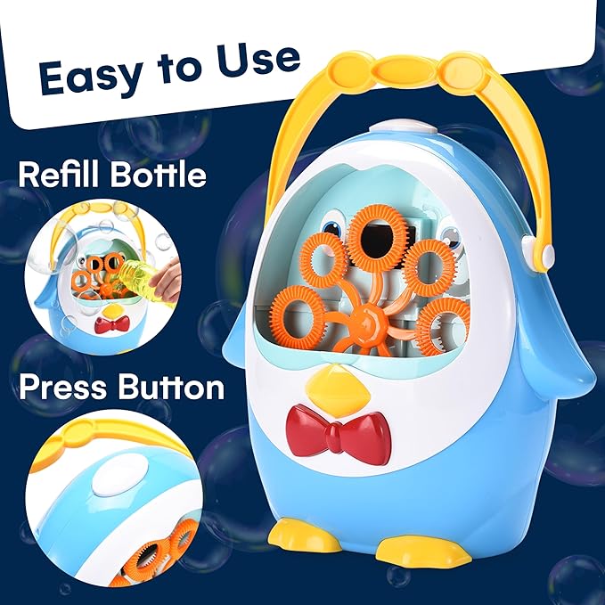 Kidzlane Penguin Bubble Machine for Kids - Made of Durable Plastic - Blows 500 Bubbles Per Minute, Quiet Low Sound Motor - No-Spill Bubble Maker for Kids - 3 Years Up