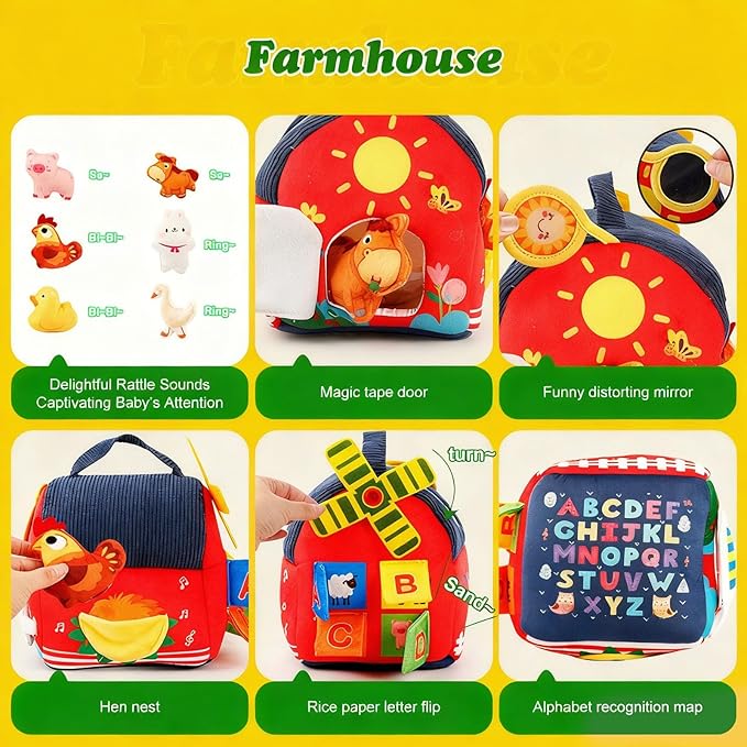 Baby Toys 6-12 Months Montessori Sensory Toy Barn with Stuffed Farm Animals, Rattle, Crinkle for Infants. Portable Learning Gift for 6 Month Old, 1-3 Year Old Toddlers, Christmas Stocking Stuffers