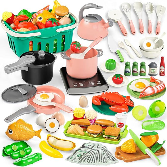 Toy Play Food, Play Kitchen Accessories, Kitchen Playset, Pretend Cooking Play Pots, Pans, Utensils Cookware, Cutting Fun Fruits Veggies, Shopping Storage Basket, Prop Money, Gifts for Kids, 168 Pcs