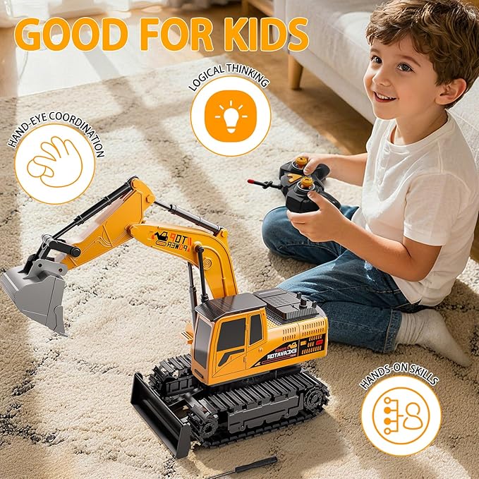 Remote Control Excavator for Boys 4-7, RC Excavator for Kids, 27 MHz Construction Trucks Vehicles Toys for Toddlers 1-3 3-5 4-7 with Metal Shovel and Light Birthday Boys Gifts