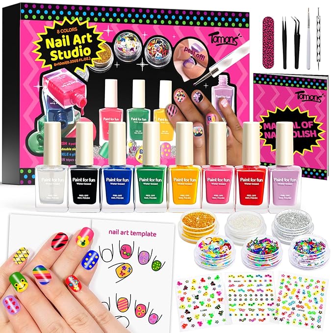 Tomons Nail Polish Set Non Toxic Kids Nail Polish Kit for Kids Ages 7-12, Birthday Gifts for 6 7 8 9 10 11 12 Year Girl, Glitter, Sequins, Stickers, Nail Art Kit Tools- 8 Colors