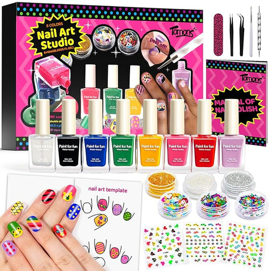 Tomons Nail Polish Set Non Toxic Kids Nail Polish Kit for Kids Ages 7-12, Birthday Gifts for 6 7 8 9 10 11 12 Year Girl, Glitter, Sequins, Stickers, Nail Art Kit Tools- 8 Colors
