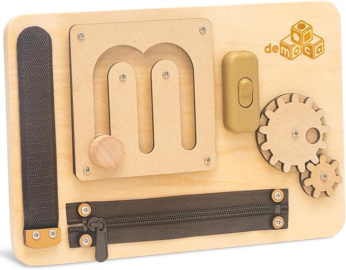 deMoca Sensory Busy Board for Toddlers, Premium Wooden Toddler Busy Board for 1 2 3 Year Old with 10 Educational Activities for Fine Motor Skills, Fidget Activity Toy for Travel Toy