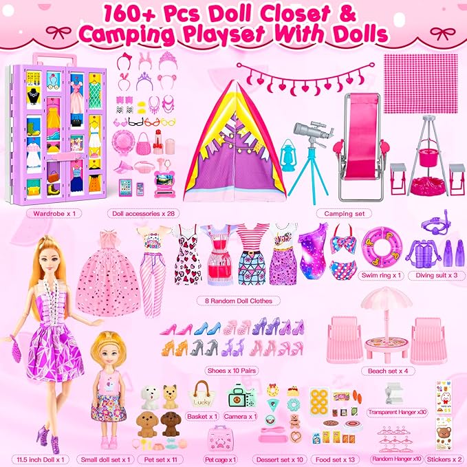 164 Pcs Doll Closet with 11.5 Inch Doll Clothes and Accessories Set, Camping Set, Princess Dresses, Camping Tent, Beach Swim Accessories Set, Diving Suit, Dress Up Toys for Girls Gift