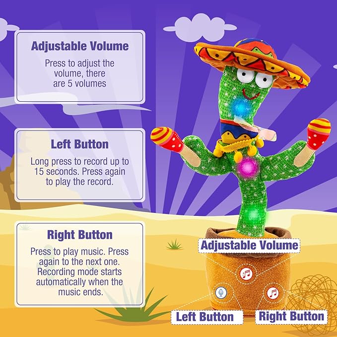 Ayeboovi Dancing Talking Cactus Baby Toy, Mimicking Recording Toy Repeats What You Say, Adjustable Volume Singing Cactus with 120 Songs, Interactive Dancing Toy Gifts for Kids Toddlers Boys Girls