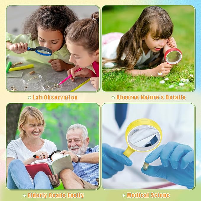 Leffis 12 Pack Magnifying Glass, 50mm 10X Multicolour Magnifying Glasses Lens Reading Magnifier for Kids and Seniors, Non-Slip Handheld Magnifying Glass for Close Work, Nature Exploration