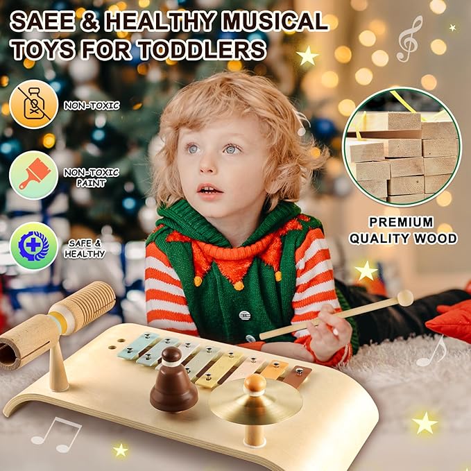 LOOIKOOS Kids Drum Set Toddler Musical Instruments Set Wooden Percussion Instrument Xylophone for Kids Montessori Toys Preschool Educational Musical Toys