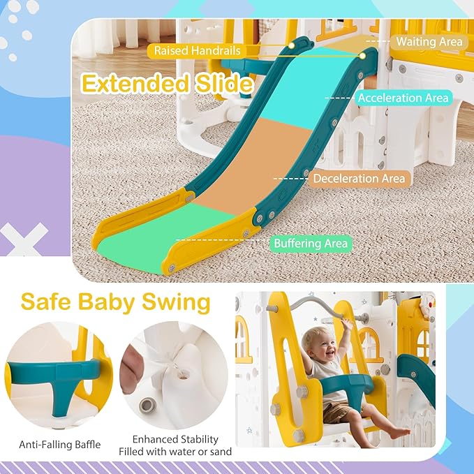 Costzon 10 in 1 Toddler Swing and Slide Set, Kids Slide and Climber Playset w/Aisle, Peek-a-Boo Window & Storage Space, Baby Indoor Playground for Aged 1+ (Yellow,100" × 59" × 40")