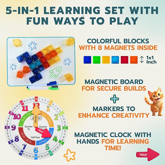 40pcs Transparent Magnetic Blocks, 1inch Cubes, 5-in-1 STEM Set with Board & Markers, Math Cards & Numbers, Magnetic Clock, Idea Book, 3D Educational & Building Toys, for Kids Ages 4-8