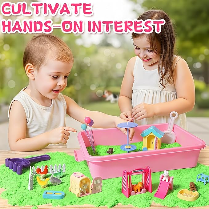 Timetome Pet Sensory Bin, Dog Sandbox for Kids, Kids Play Sand Toys Kit, Pet Play Set with Sensory Sand, Pet Bathroom Play Set, Role Pretend Play Beach Toy Birthday Gift for Girls Boys 3 4 5 6 Years