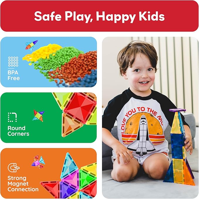 PicassoTiles 80 Pcs Magnetic Building Tiles Magnet Building Block Toys W/Car Diamond Educational Construction Playset Toy for STEM Sensory Gifts Kid Brain Development Stacking Blocks Construction Set