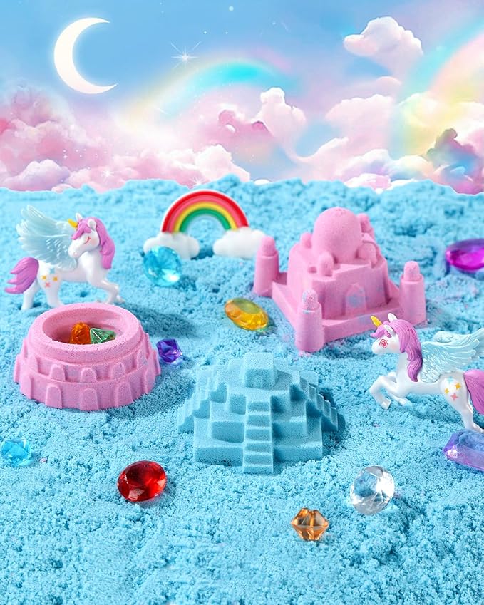 Unicorn Sensory Bin Play Sand Kit for Girls Moulds Toddler Sand Art Kit with Sandbox for Kids for Toddlers Ages 3-8