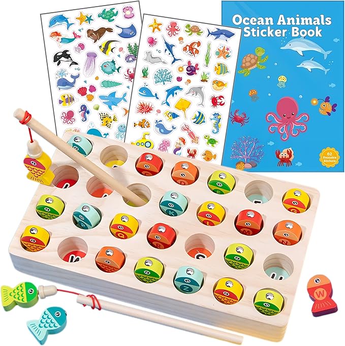 Haktoys Magnetic Wooden Alphabet Fishing Game with Ocean Sticker Book – Montessori ABC Toy with 26 Lettered Fish & 2 Poles – Educational Travel Toy for Toddlers, Boys & Girls Ages 3+