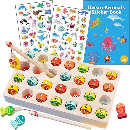 Haktoys Magnetic Wooden Alphabet Fishing Game with Ocean Sticker Book – Montessori ABC Toy with 26 Lettered Fish & 2 Poles – Educational Travel Toy for Toddlers, Boys & Girls Ages 3+