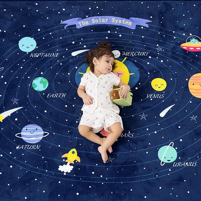 1.3" Thick Educational Baby Floor Play Mat 79x158, Basic Padded Memory Foam Kids Mat, Extra Large Non-Slip Plush Playmat for Nursery Playroom Classroom (Planet)
