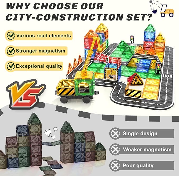 Coodoo Kids Games Magnetic Tiles Road Set with Extendable Magnetic Crane, City Construction Building Toys for Toddlers STEM Preschool Ages 4-6 5-7, Gifts for 3+ Year Old Boys Girls Kids Toys with Car