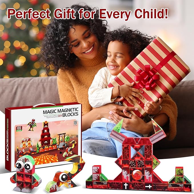 Magnetic Blocks 122PCS - Flame Theme Translucent Shapes, STEM Preschool Construction kit, Safe ABS no-Odor, CPC ASTM Compliant, Travel-Ready Ages 3–12, Ideal Birthday