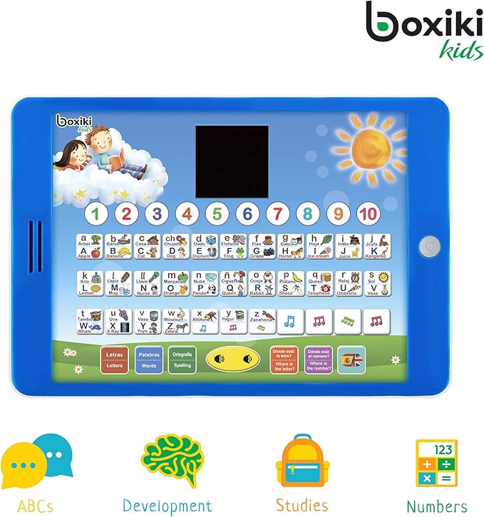 Boxiki kids Spanish-English Learning Bilingual Tablet Educational Toy with LED Screen Display. Learn Spanish and English with ABC Games and Spelling. Kids Love Our Interactive Educational Toys