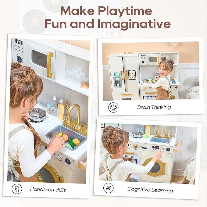 Kids Kitchen Playset with Realistic Design, Luxury Play Kitchen with Extended Storage Cabinets, Toy Kitchen for Toddlers with Coffee Counter, Cookware Accessories, Oven, Microwave (Soft White)