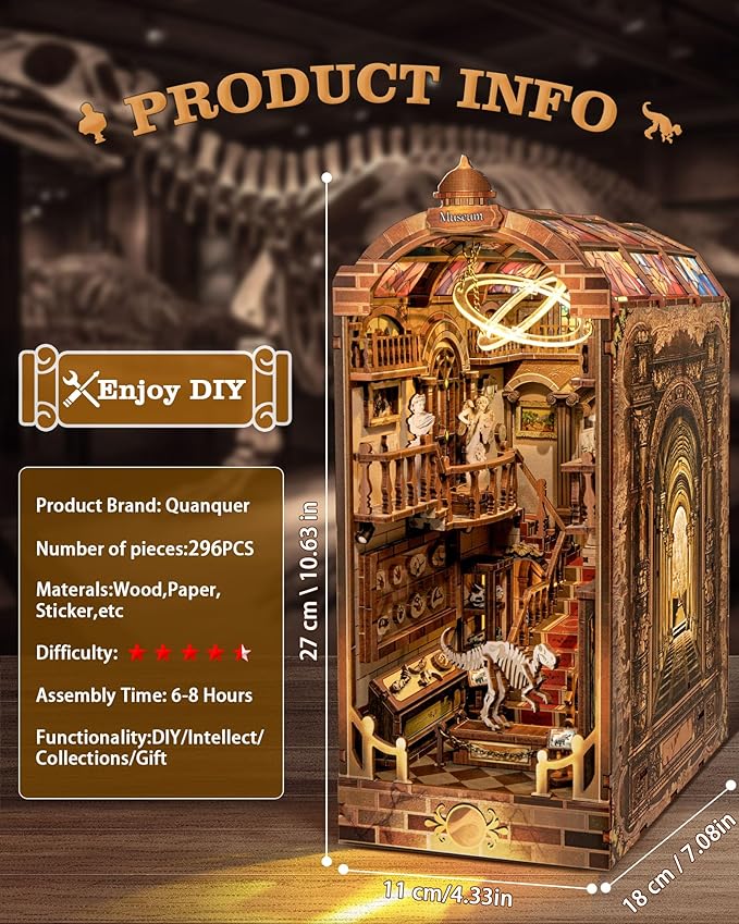 Quanquer DIY Book Nook Kit：DIY Dollhouse Booknook with LED Light - 3D Wooden Puzzle Miniature House Kits - Creative DIY Crafts for Adults - Bookshelf Insert Decor - Gifts Friends Festival(Museum)