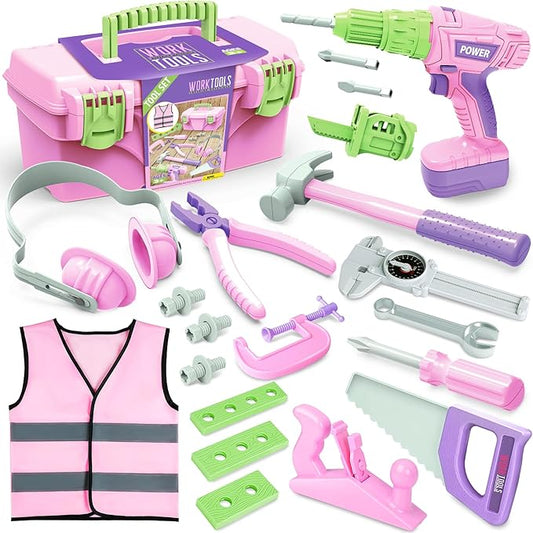 Kids Tool Set with Electric Toy Drill Hammer Tool Box for Girls, Pink Toddler Tool Set Kids Power Construction Pretend Play Tools Kit for 3 4 5 6 7 8 Year Old Toddlers Girl Boys Toys