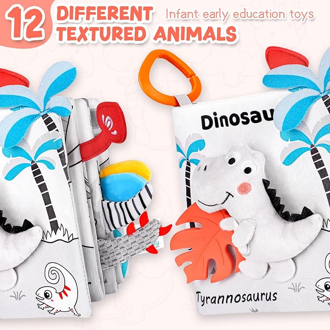 Dinosaur Fabric Book- Crinkle Sound, Touch & Feel, Press Squeaker with Soft Tail Plus Teether Feature - Baby Books Toys for Newborn Infants 0-12 Month
