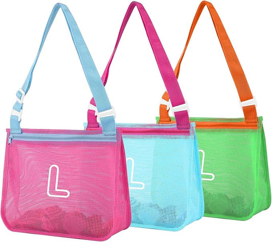 3Pcs Personalized Kids Beach Shell Bag, Initial Seashell Mesh Zipper Beach Pouch, Shell Collecting Bag for Holding Shells with Adjustable Straps, Sand Toys Swim Pouch Gift for Girl Boy Teens(Letter L)