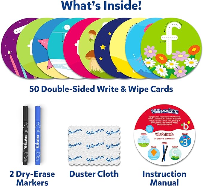 Skillmatics Write & Learn Reusable Cards for Toddlers - Letters, Numbers, Patterns & Shapes, Travel Game, Preschool Learning, Gifts for Kids Ages 3, 4, 5, 6