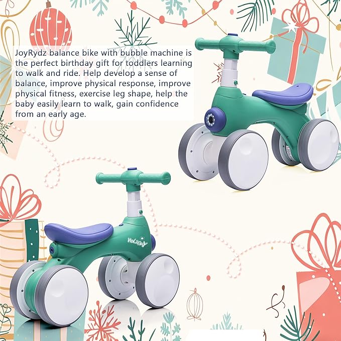 Baby Balance Bike 1 Year Old with Music, Lights, Bubble Machine, 4 Wheels Pedal-Less Toddler Ride on Toys for 12-36 Months Birthday Gift, Toddler boy Toys Ride on car （Green&Purple）